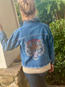 Blue Denim Rhinestone Chic Tiger Jacket